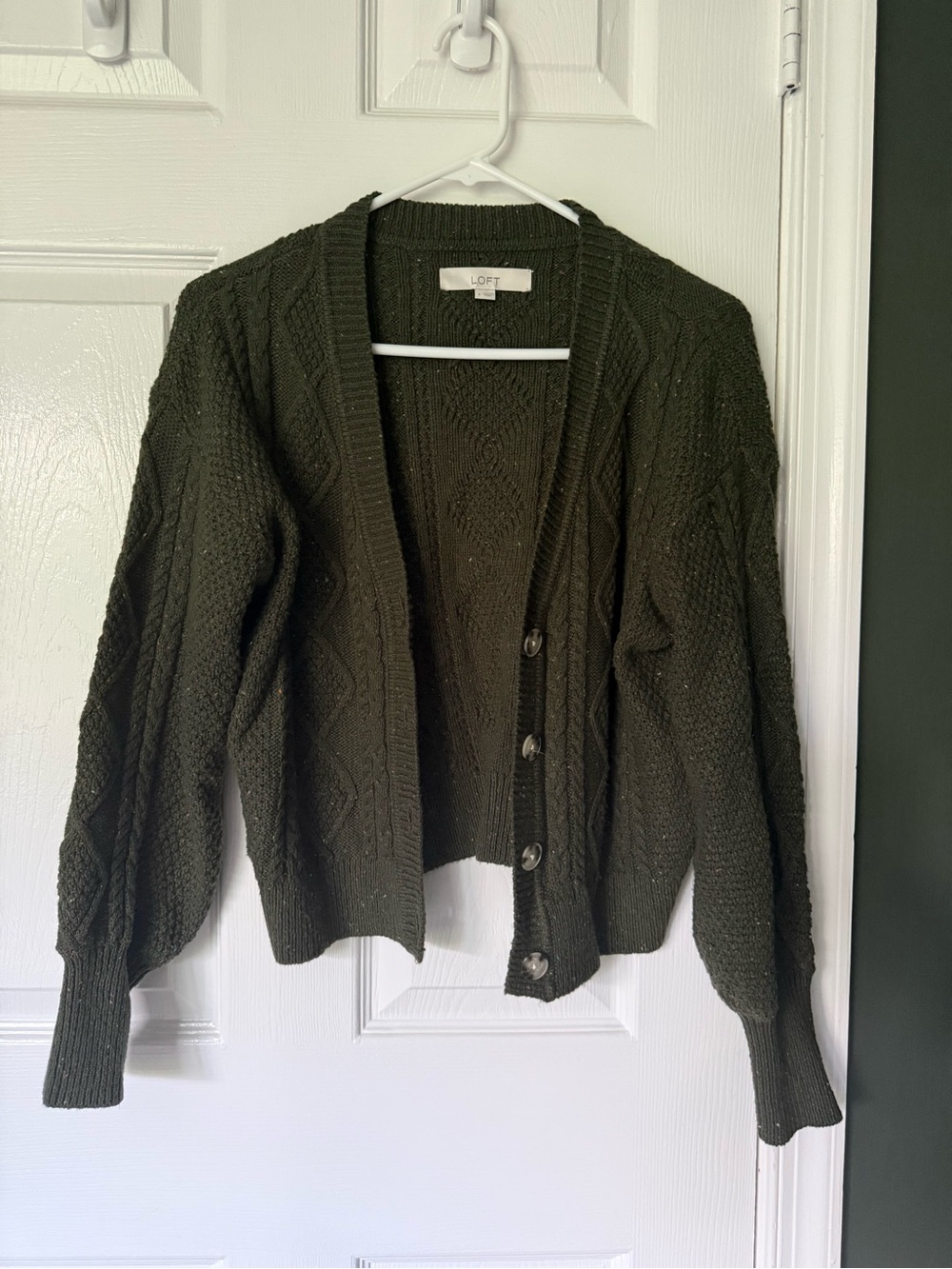 LOFT Olive Green Cable Knit Button-Front Cardigan Sweater, fisherman